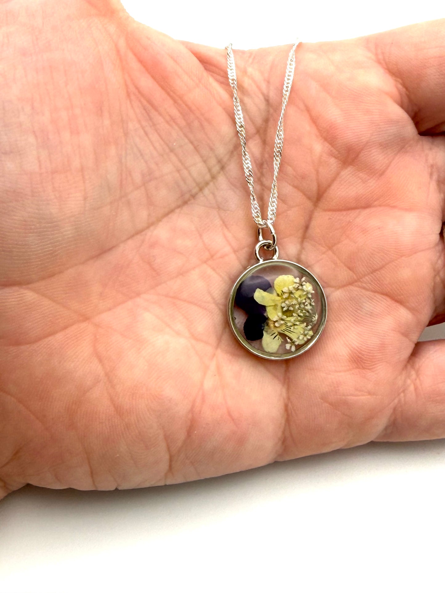 Mini Yellow and Purple Pansies with Queen Anne’s Lace