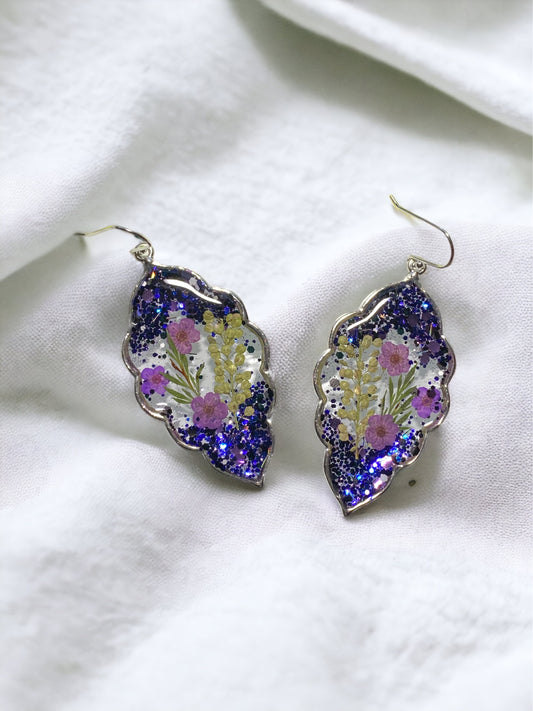Purple Glitter with Dry Pressed Persian Garden Cress, Purple Plum Blossom Flowers and Dry Pressed Leaves with 925 Sterling Silver Hooks