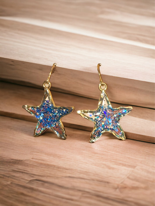 Blue Chunky Glitter in Star Shaped Bezel Earrings