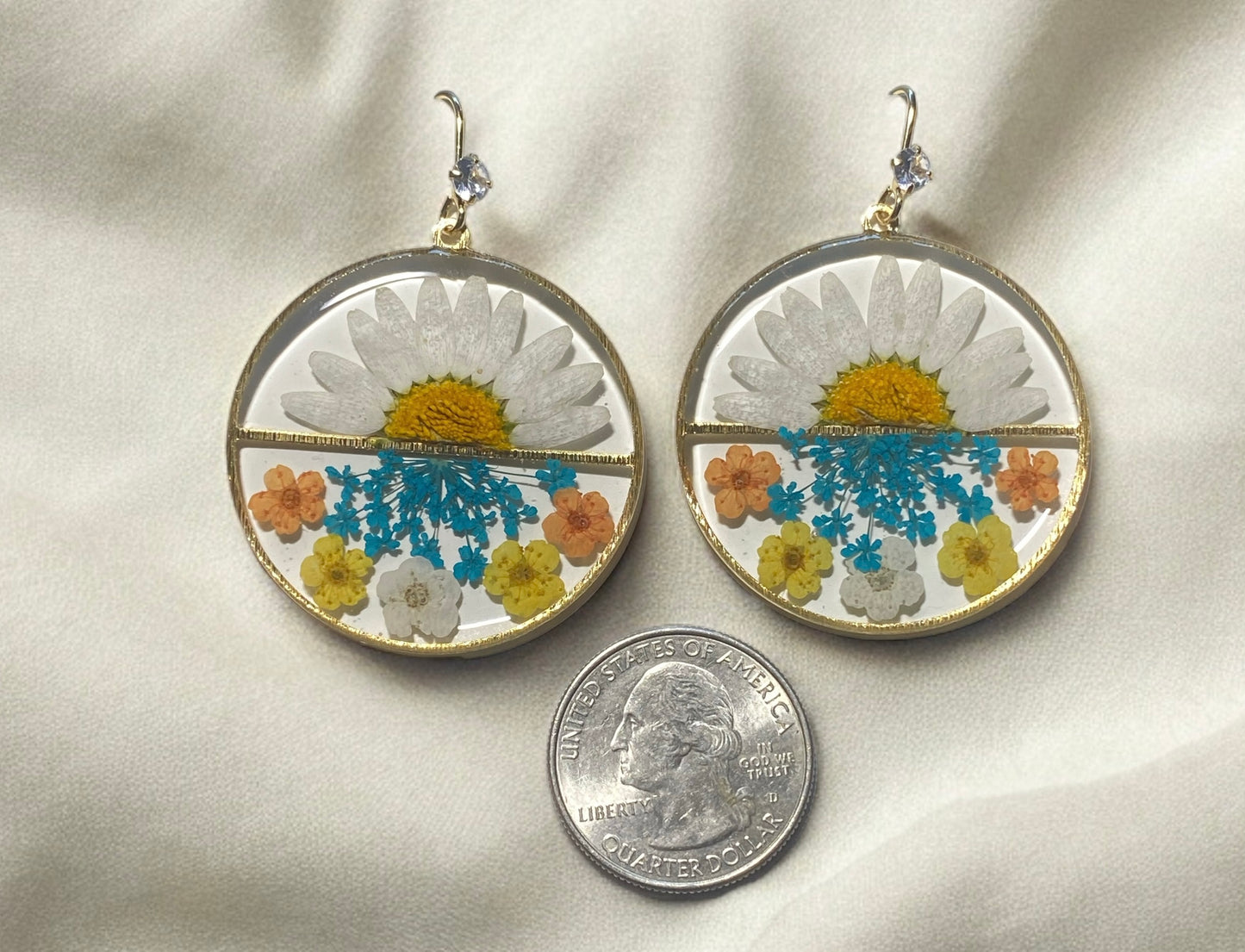 Daisies, Plum Blossoms, and Teal Queen Anne’s Lace Earrings