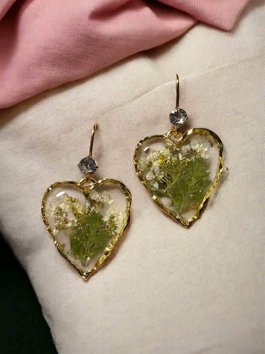 White Flowers with Dry Pressed Fern Earrings