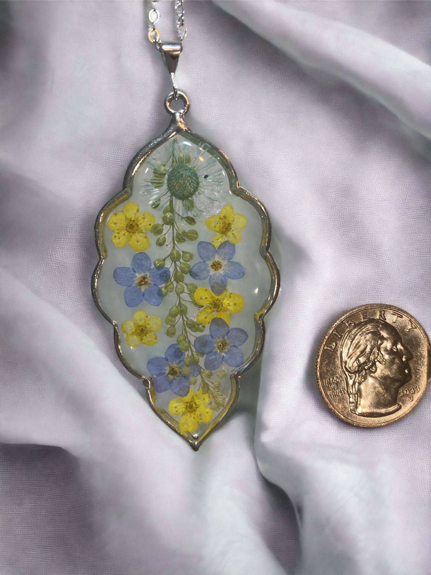 Light Blue  Needle Chrysanthemum with Blue Forget-Me-Not’s and Yellow Plum Blossom Flower Necklace