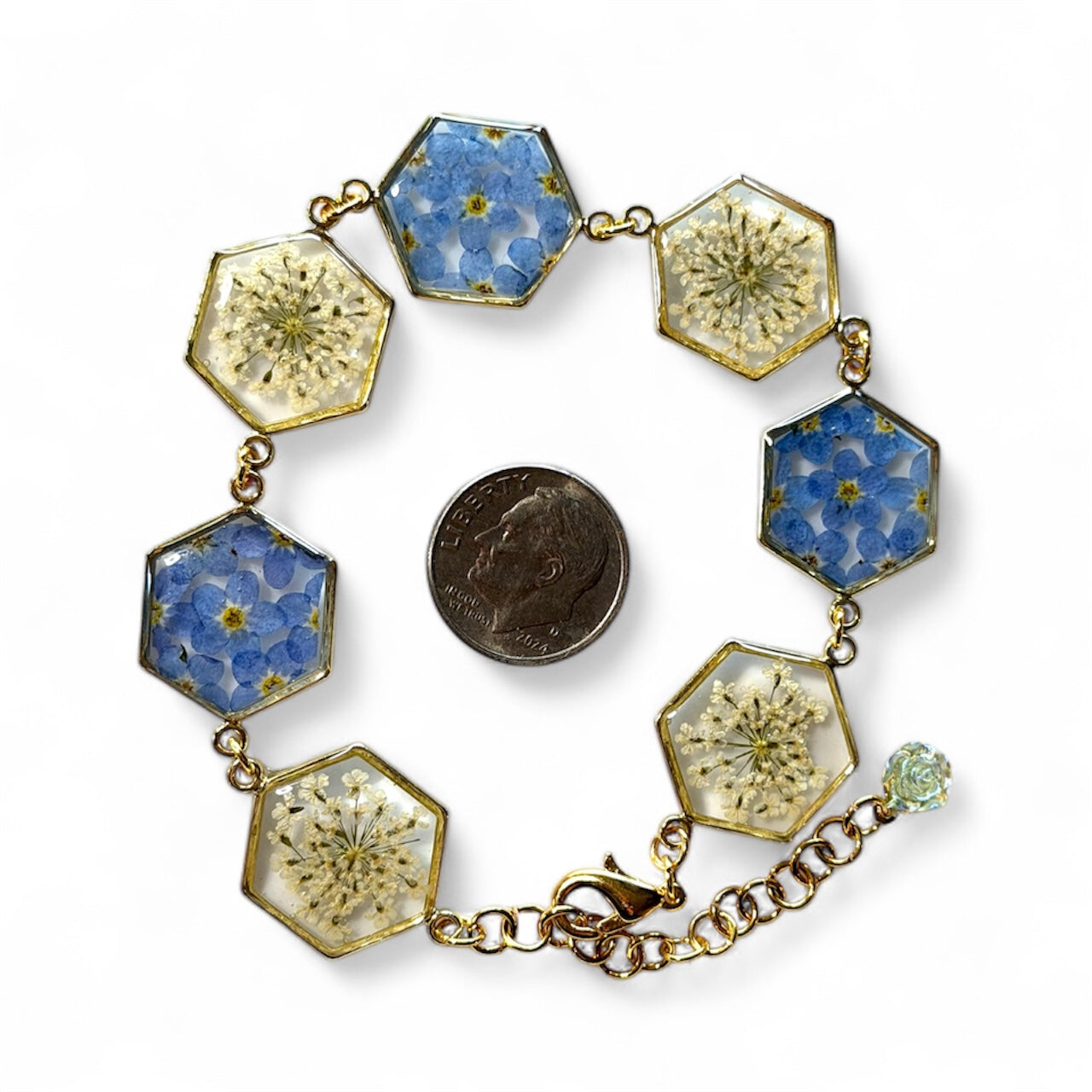 Gold Colored Bracelet with Blue Forget-Me-Nots and Queen Anne’s Lace
