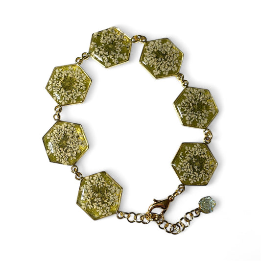 Gold Colored Bracelet with Green Mica Powder and Queen Anne’s Lace