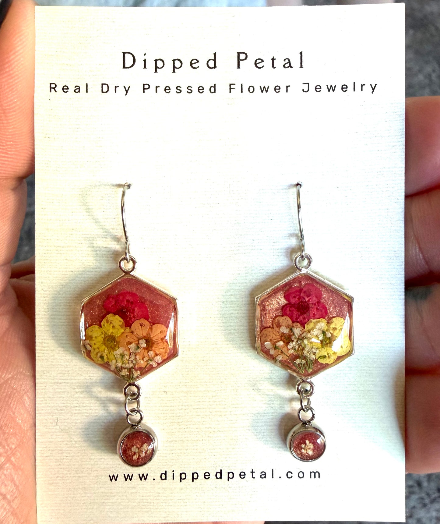 Coral Pink Colored Mica Powder (Single) Dangle Earrings with Orange, Yellow and Red Plum Blossoms and Queen Anne’s Lace