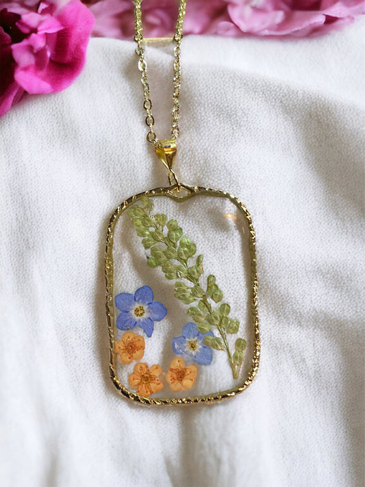 Pepperweed with Blue Forget-Me-Not’s and Orange Plum Blossom flower Necklace