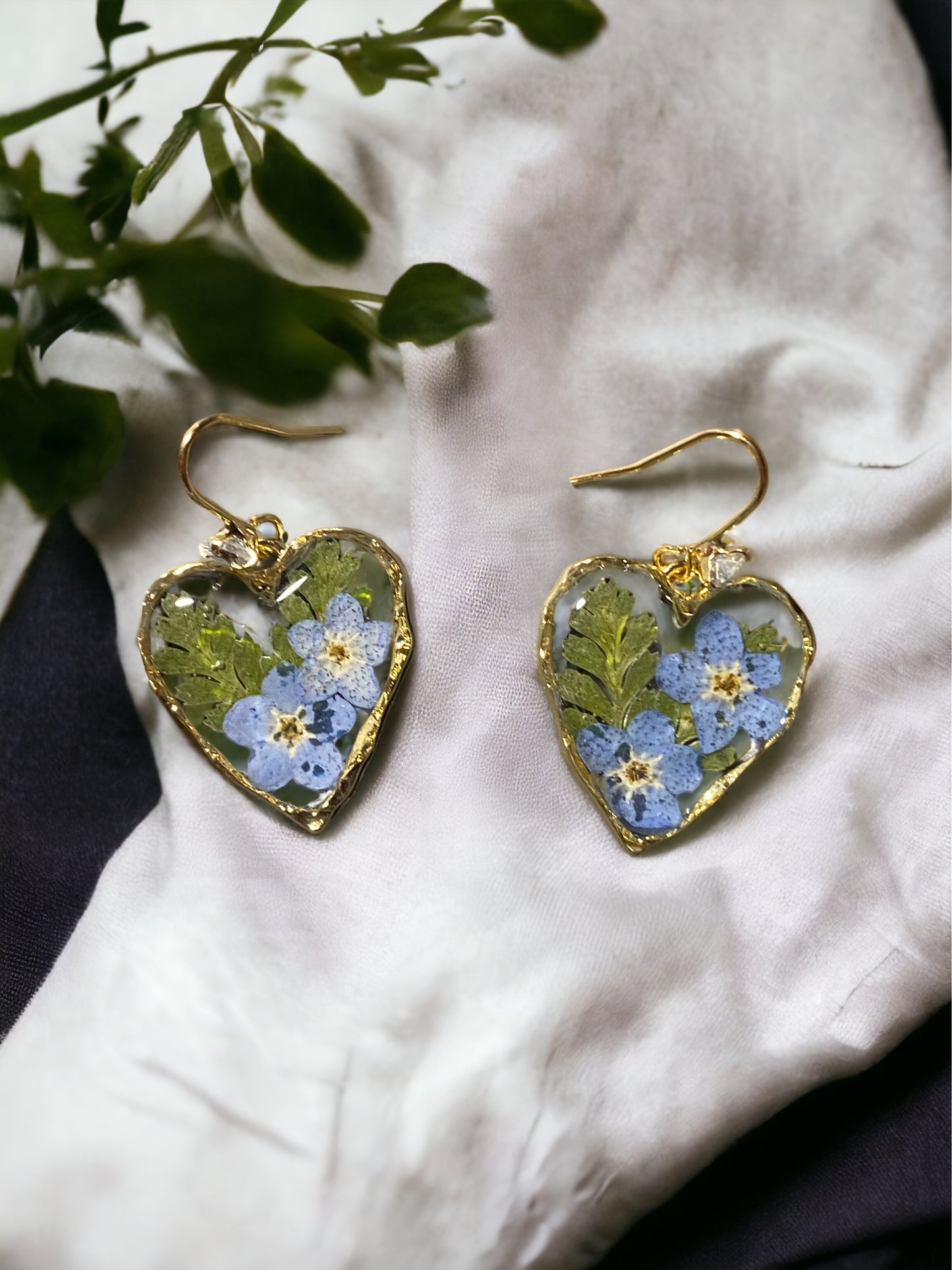 Blue Forget-Me-Not’s and Dry Pressed Fern Earrings