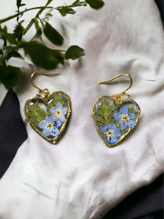 Blue Forget-Me-Not’s and Dry Pressed Fern Earrings