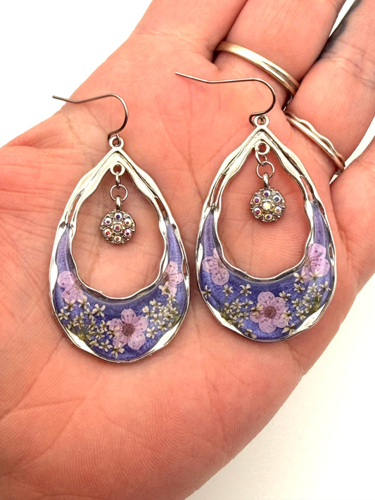 Blue Purple Mica Powder with Pink Plum Blossoms and Queen Anne’s Lace with dangling charms
