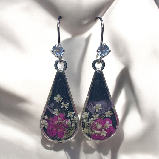 Black Mica Powder with Hot Pink Plum Blossoms, Purple Wild Flower and Pieces of White Queen Anne’s Lace