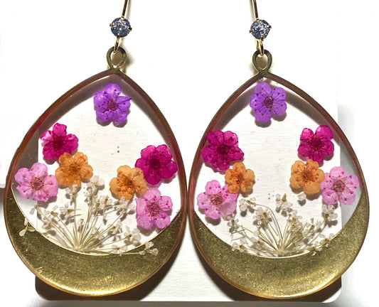 Purple, Orange, Hot and Light Pink Plum Blossom Flowers with Queen Anne’s Lace Earrings