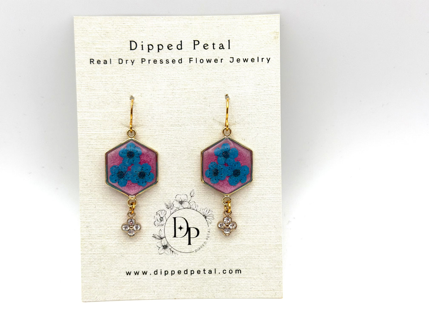 Pink Mica Powder with Teal Blue Plum Blossoms and a Dangling Rhinestone Charm
