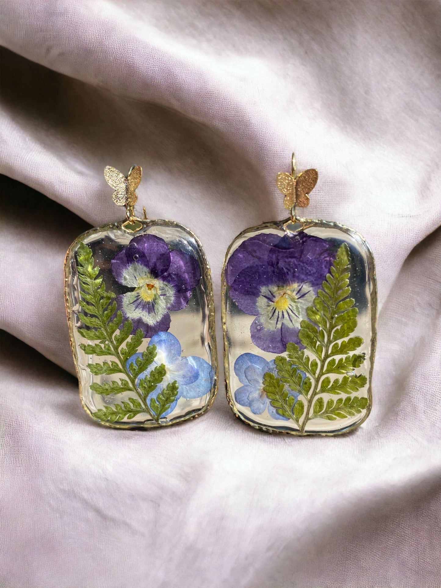 Purple Pansy and Blue Double Petal Hydrangea Earrings