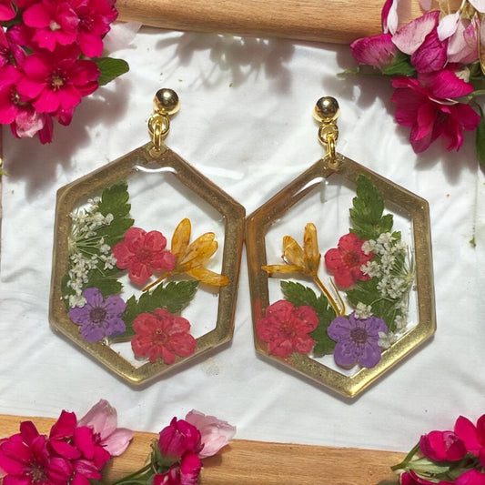 Red and Purple Plum Blossoms  with Orange Wild Flower, Dry Pressed Fern and Queen Anne’s Lace