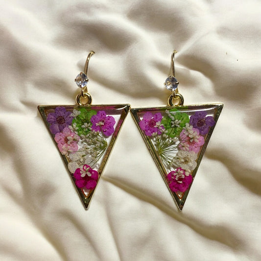 Bright Pink, Green, Purple, Light Pink, White and Hot Pink Plum Blossom Flowers with Queen Anne’s Lace Earrings