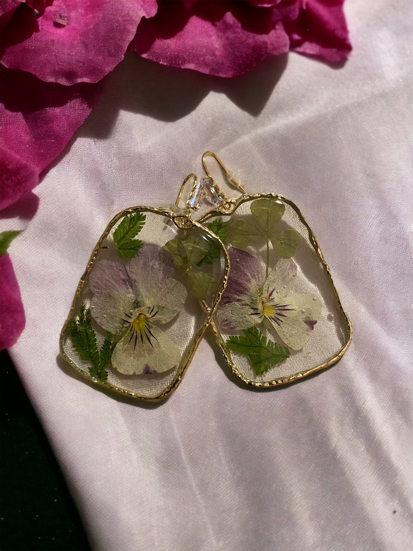 Light Purple and White Pansy with Dry Pressed Clover Earrings