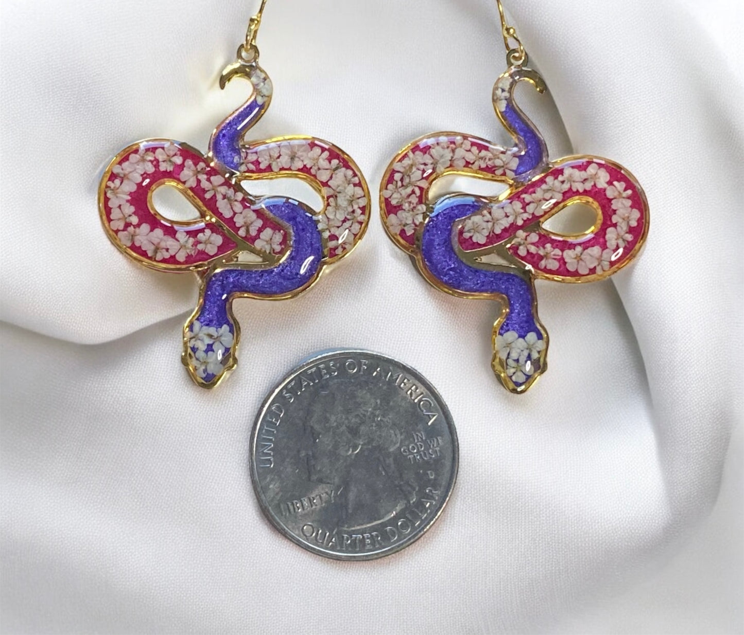 Pink and Purple 24 kt Gold Plated Snake Bezel Earrings