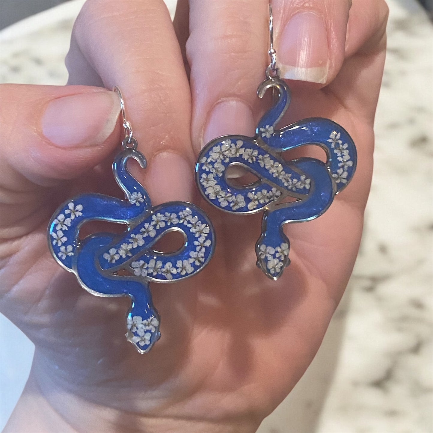 Snake Bezels with Dry Pressed pieces of Queen Anne’s Lace with Electric Blue Mica Powder
