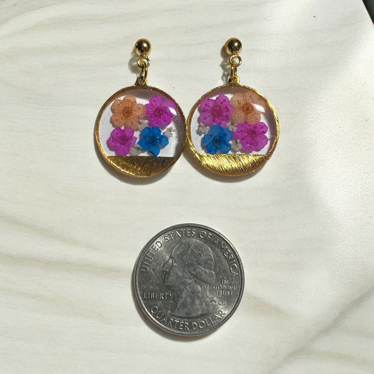 Pink, Orange and Blue Plum Blossoms with pieces of Queen Anne’s Lace