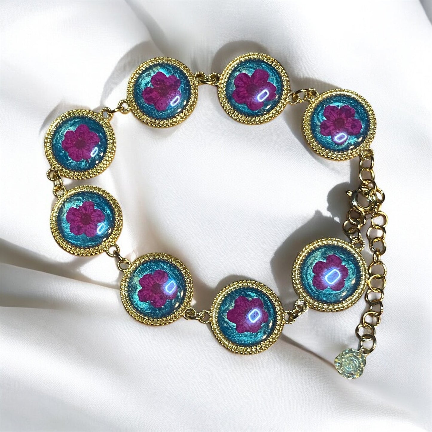 Gold Colored Bracelets with Teal Mica Powder
