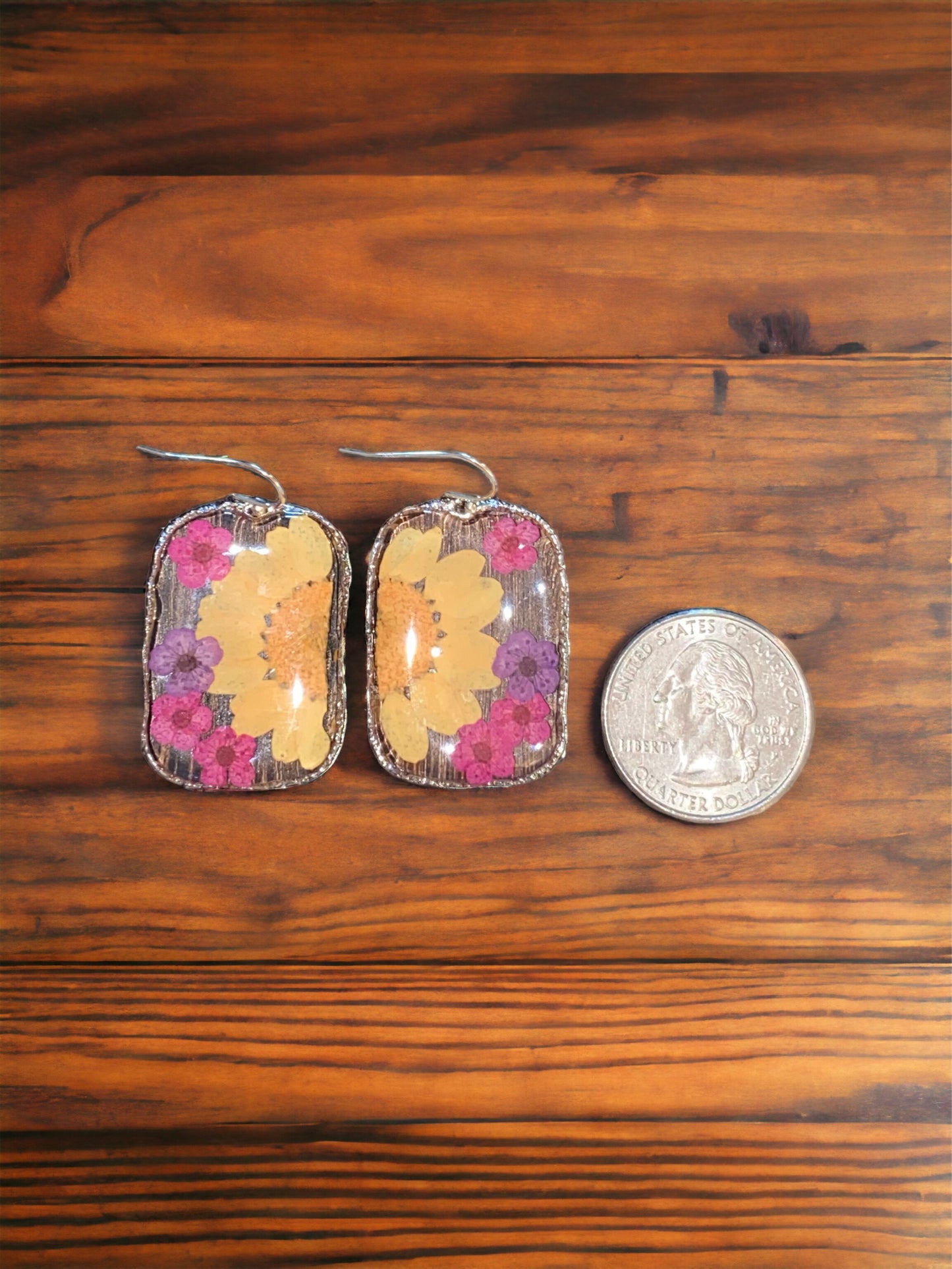 Orange Daisy with Pink and Purple Plum Blossom Flower Earrings