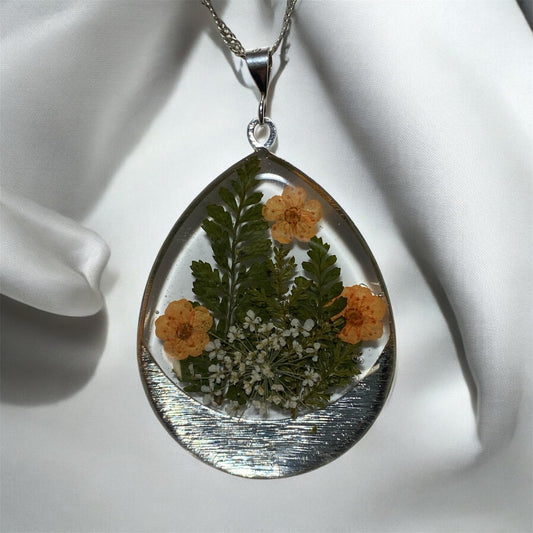 Dry Pressed Fern with Orange Plum Blossoms and Queen Anne’s Lace