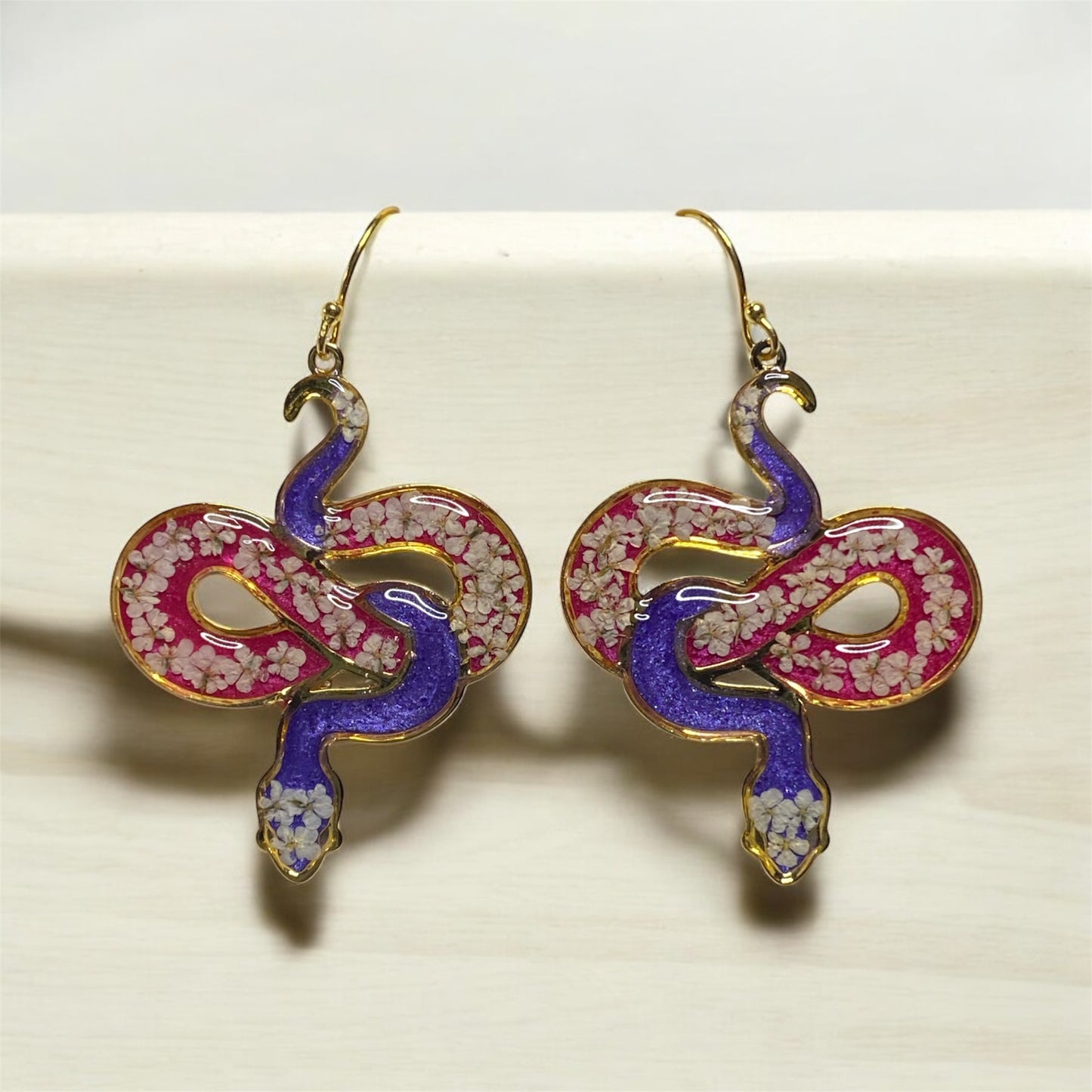 Pink and Purple 24 kt Gold Plated Snake Bezel Earrings