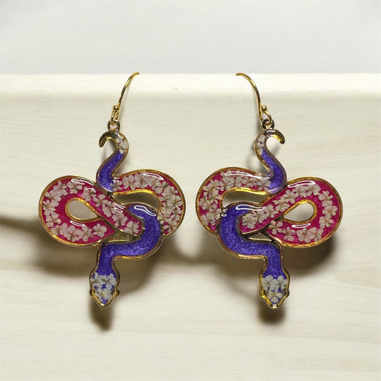 Pink and Purple 24 kt Gold Plated Snake Bezel Earrings