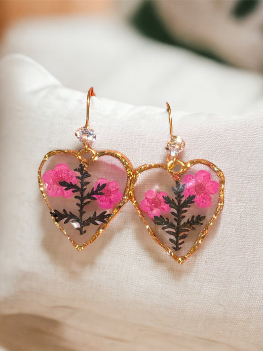 Pink Plum Blossoms with Black Dyed Fern Earrings