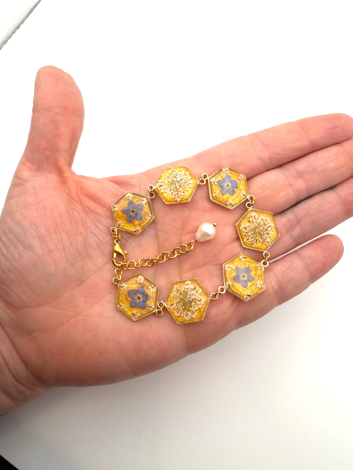 Gold Colored Bracelet with Gold Colored  Mica Powder, Forget-Me-Nots, and Queen Anne’s Lace