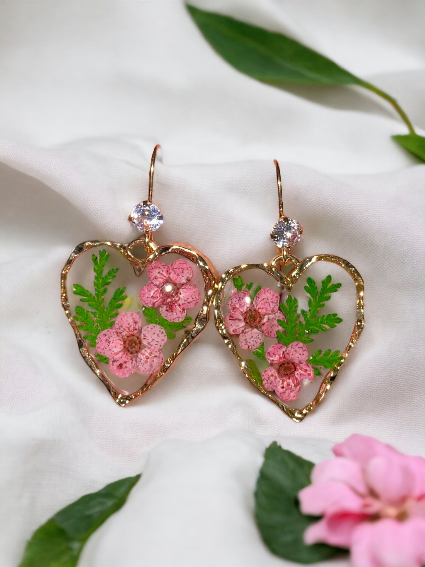 Red Plum Blossom Flowers with Dry Pressed Fern Earrings