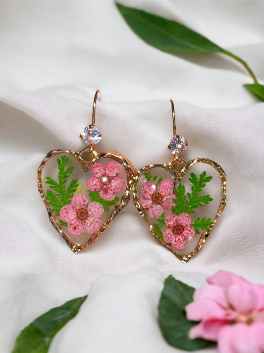 Red Plum Blossom Flowers with Dry Pressed Fern Earrings