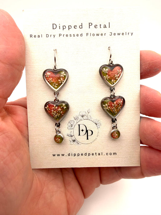 Heart Shaped Stainless Steel Dangle Earrings - Coral Pink/Green