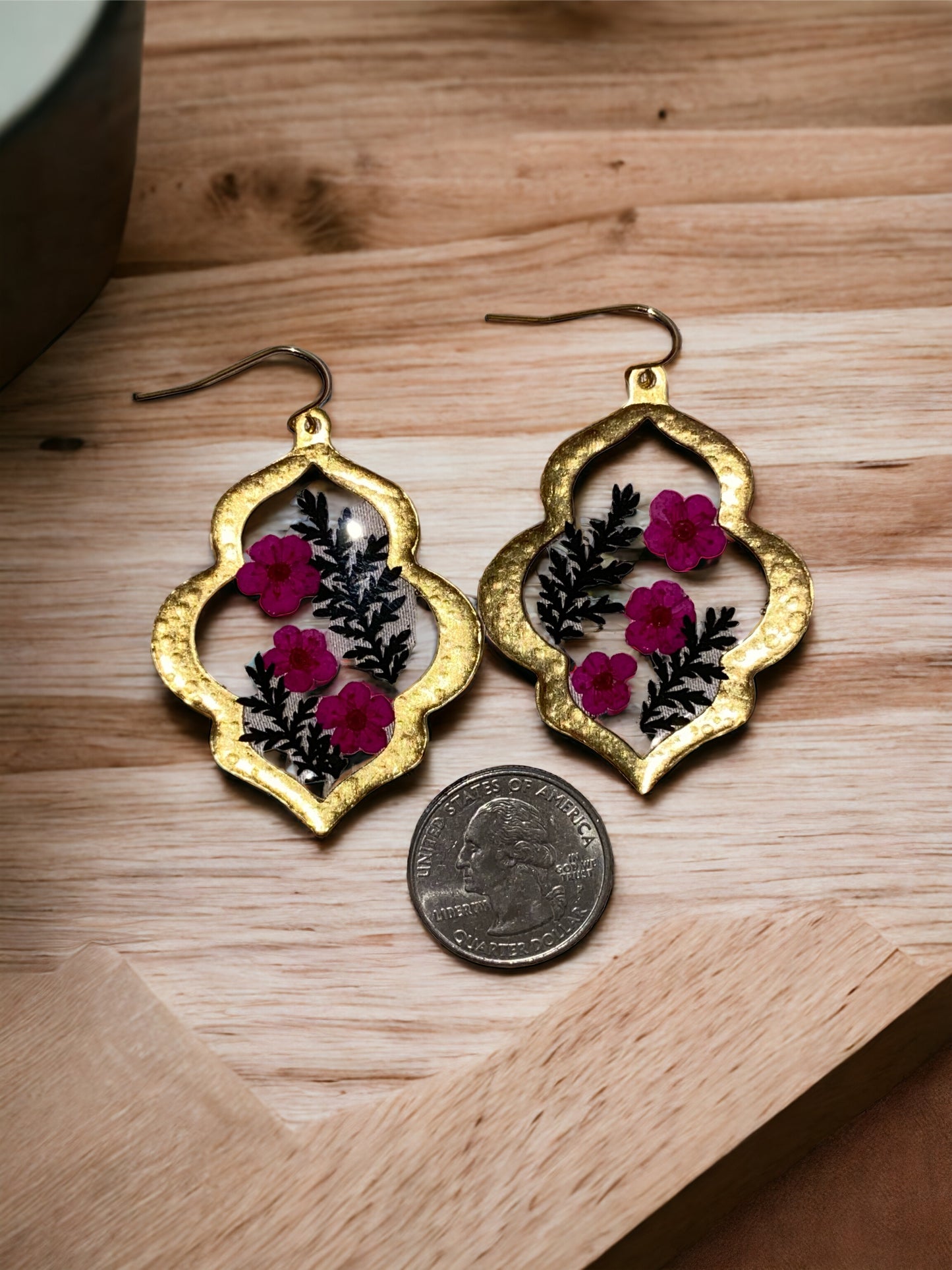 Black Dyed Fern with Pink Plum Blossoms Flowers set in a Brass Bezel