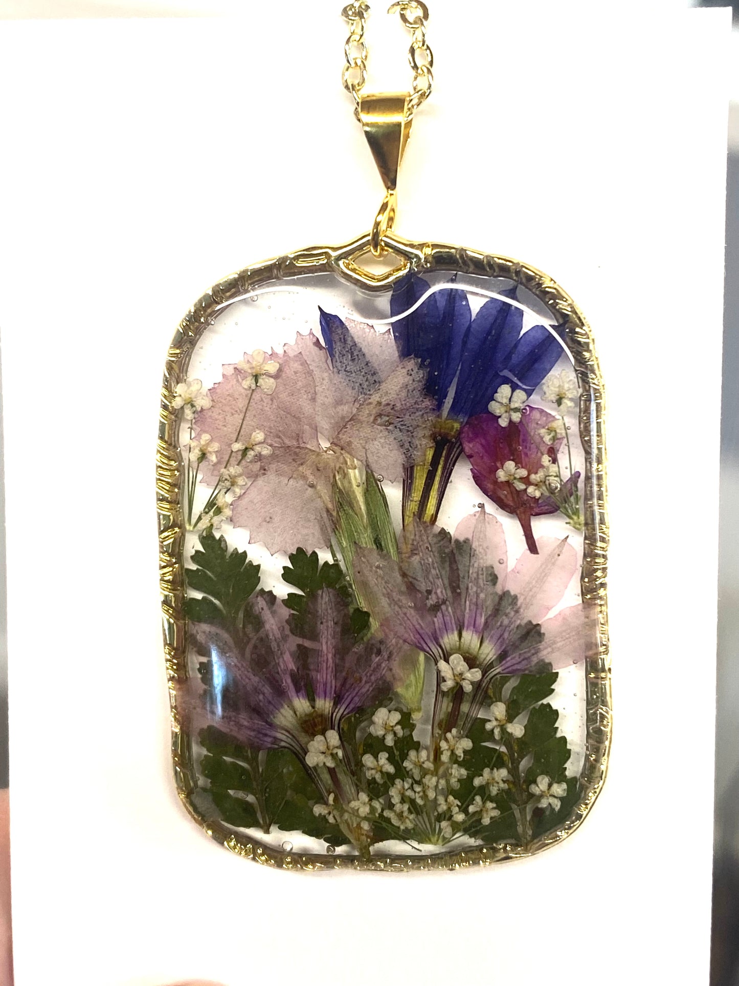 Dry Pressed Fern, Carnation, Blue Fairy Fan, Rapeseed and Queen Anne’s Lace