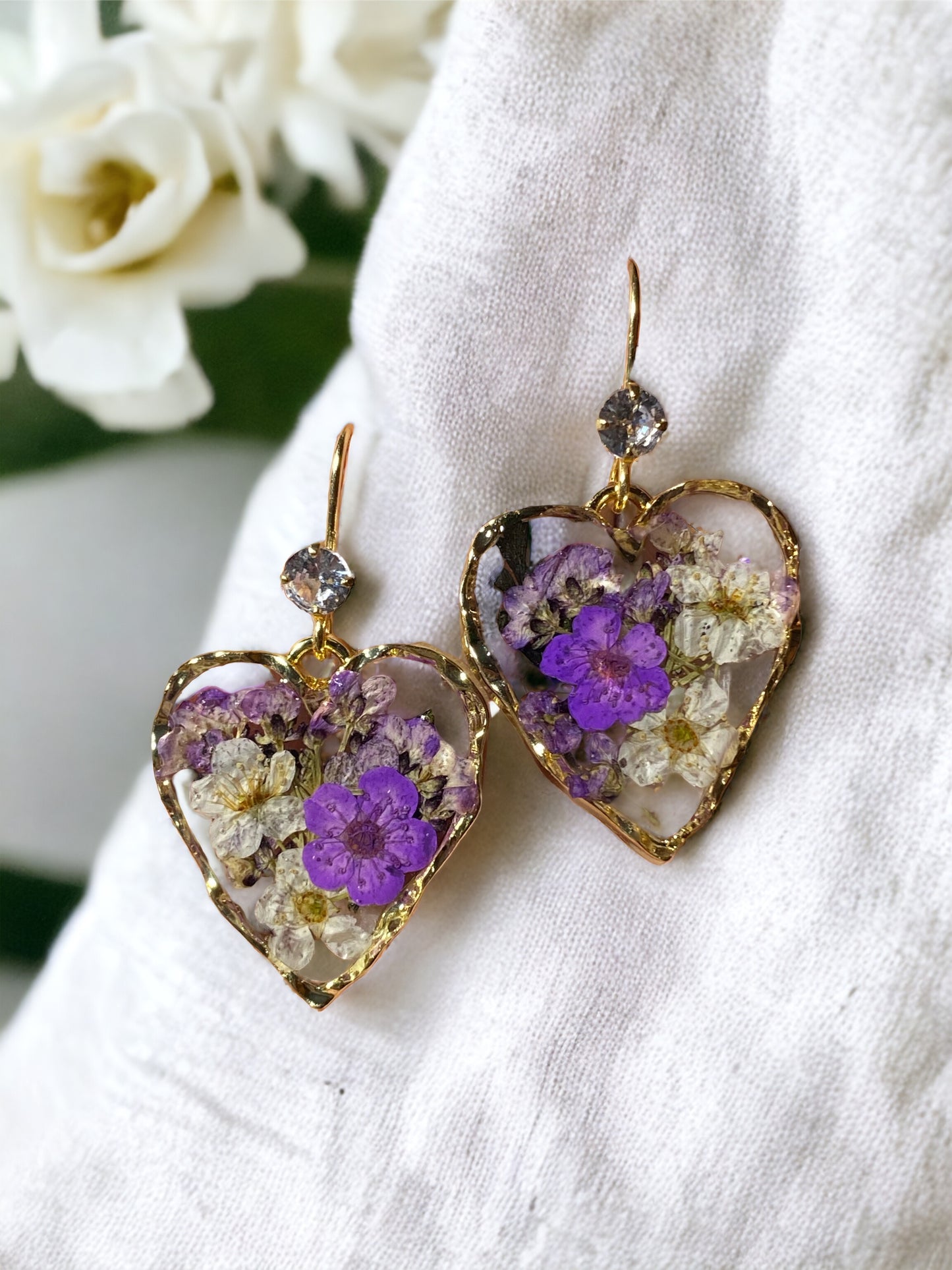 Purple Flowers with White Plum Blossom Flower Earrings