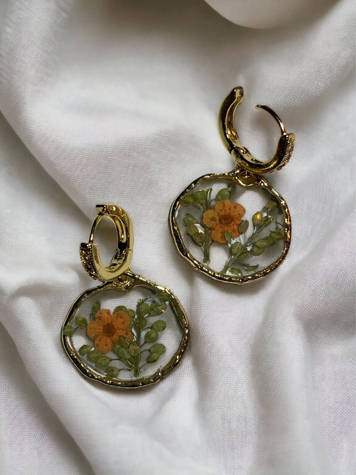 Orange Plum Blossom Flower with Persian Garden Cress Earrings