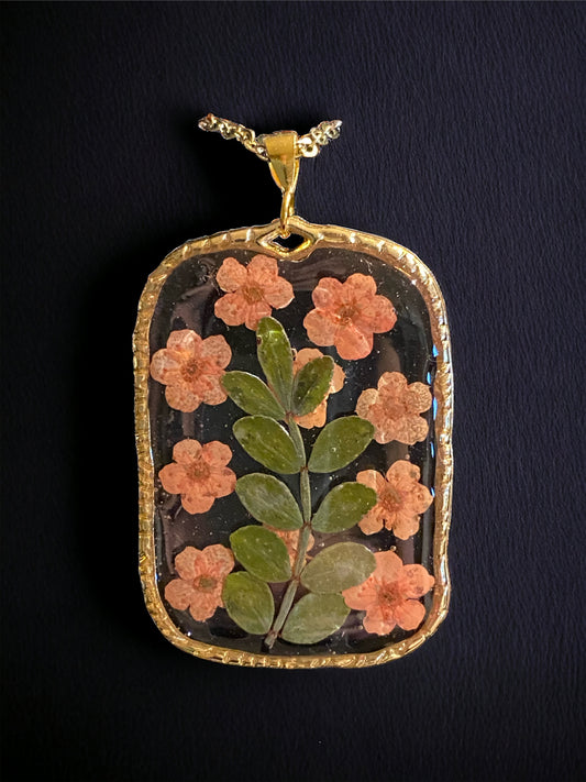 Orange Plum Blossoms with Dry Pressed Prickly Leaves Necklace
