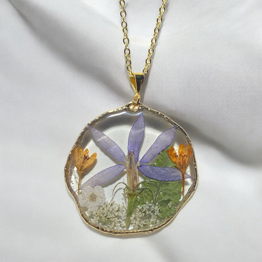 Eastern Bluestar with Orange Wild Flowers, White Plum Blossom, Dry Pressed Fern and Queen Anne’s Lace