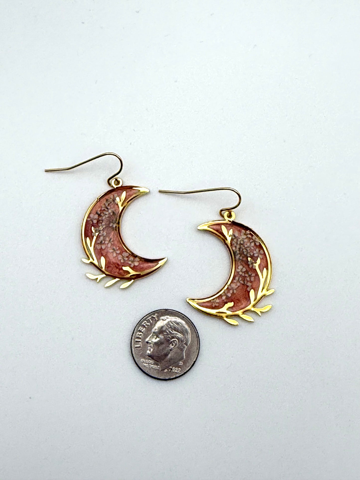 Gold Plated Crescent Moons filled with Coral Pink Mica Powder and Queen Anne’s Lace
