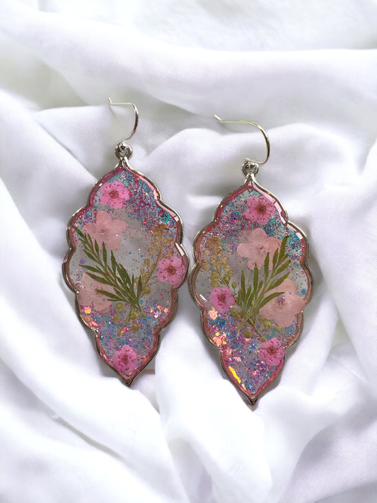 Pink Glitter with Dry Pressed Persian Garden Cress, Pink Forget-Me-Not’s, Pink Plum Blossom Flowers and Dry Pressed Leaves with 925 Sterling Silver Hooks