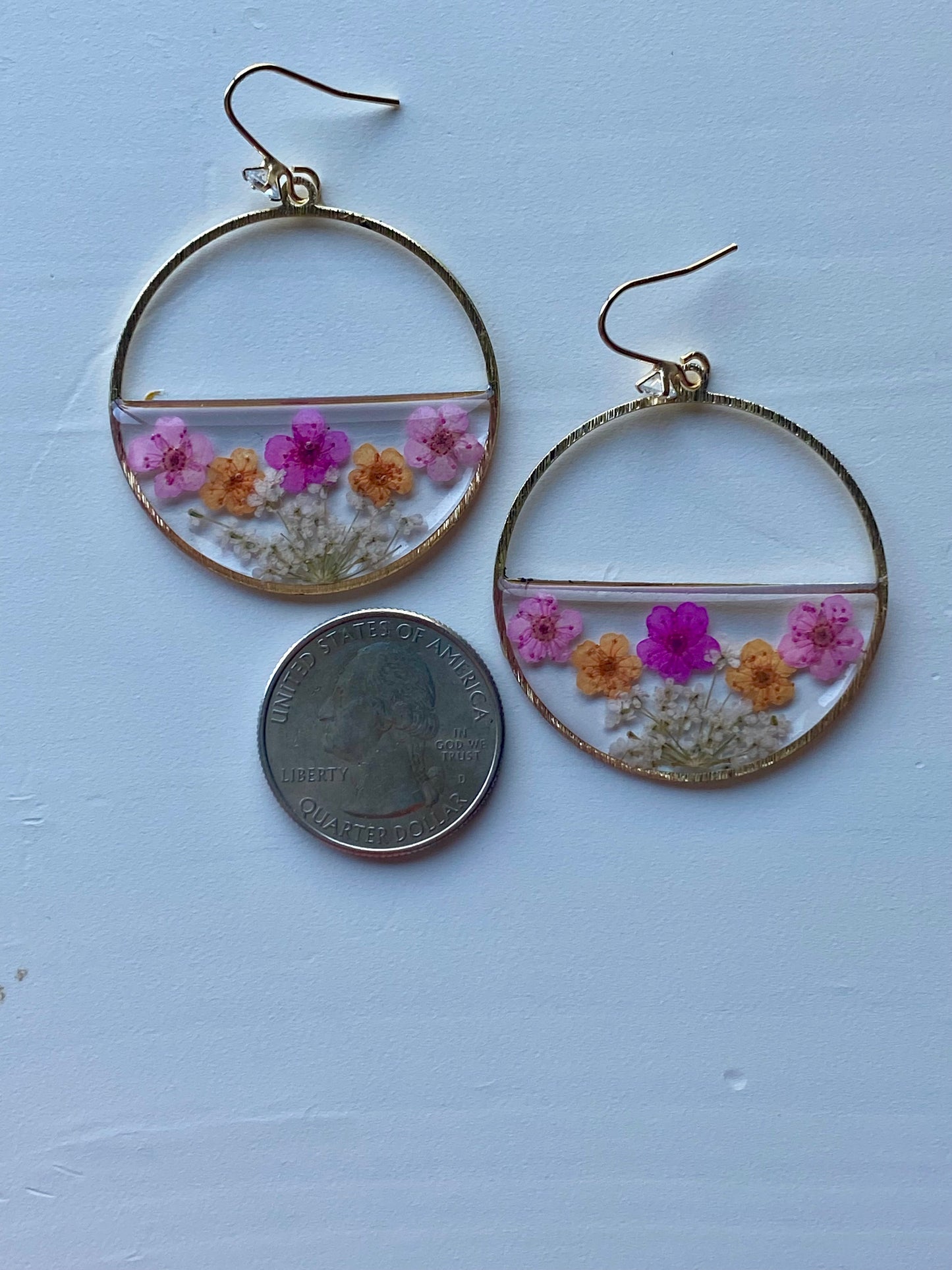 Light Pink, Orange and Hot Pink Plum Blossom Flowers with White Queen Anne’s Lace Earrings
