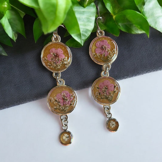 Gold Mica Powder Dangle Earrings with Pink Plum Blossoms and Queen Anne’s Lace
