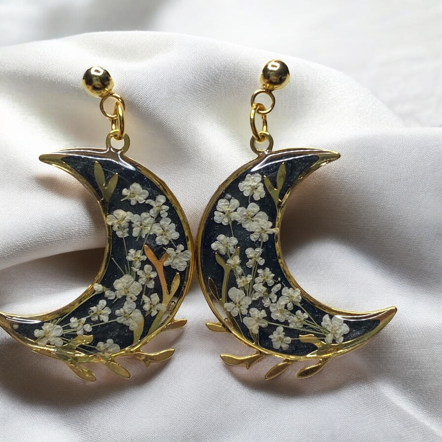 24 kt Plated Crescent Moons filled with Black Mica Powder and Pieces of Queen Anne’s