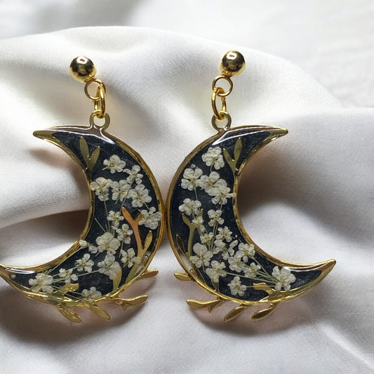 24 kt Plated Crescent Moons filled with Black Mica Powder and Pieces of Queen Anne’s