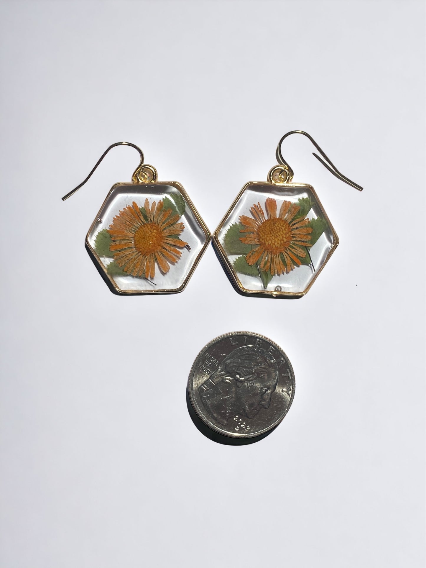 Orange Needle Chrysanthemum with Dry Pressed Leaf Earrings