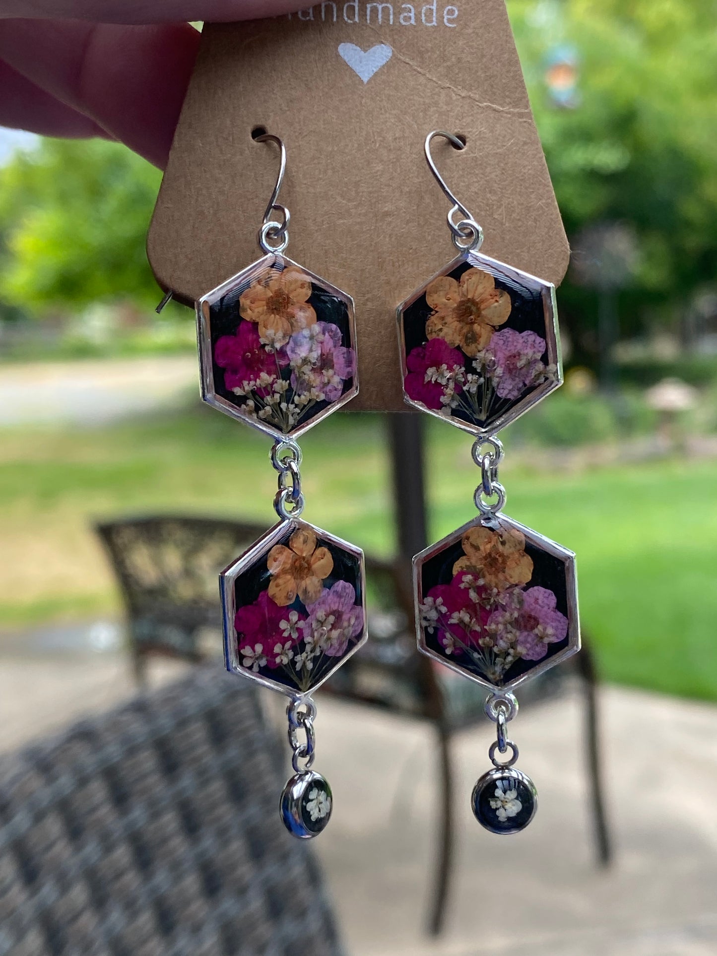 Black Mica Powder Dangle Earrings with Pink, Hot Pink and Orange Plum Blossoms and Queen Anne’s Lace