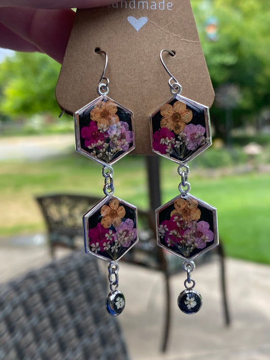 Black Mica Powder Dangle Earrings with Pink, Hot Pink and Orange Plum Blossoms and Queen Anne’s Lace
