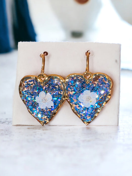 Heart Shaped Blue Chunky Glitter Earrings with White Plum Blossom