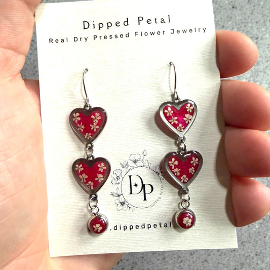 Heart Shaped Dangle Earrings and Pieces of Queen Anne’s Lace with Hot Pink Mica Powder